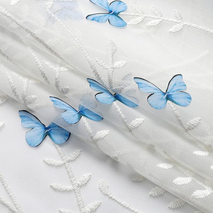 White Sheer Voile Curtains White Embossed Butterflies 96 Inches | Light - Image 4