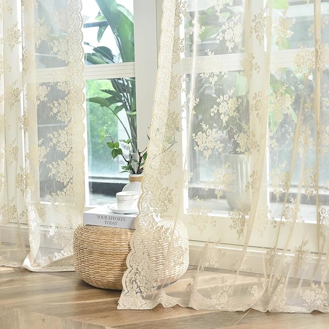 Kotile Beige Lace Curtains for Living Room Floral 52 x 80 Inch, 2 Panels | Rod - Image 8