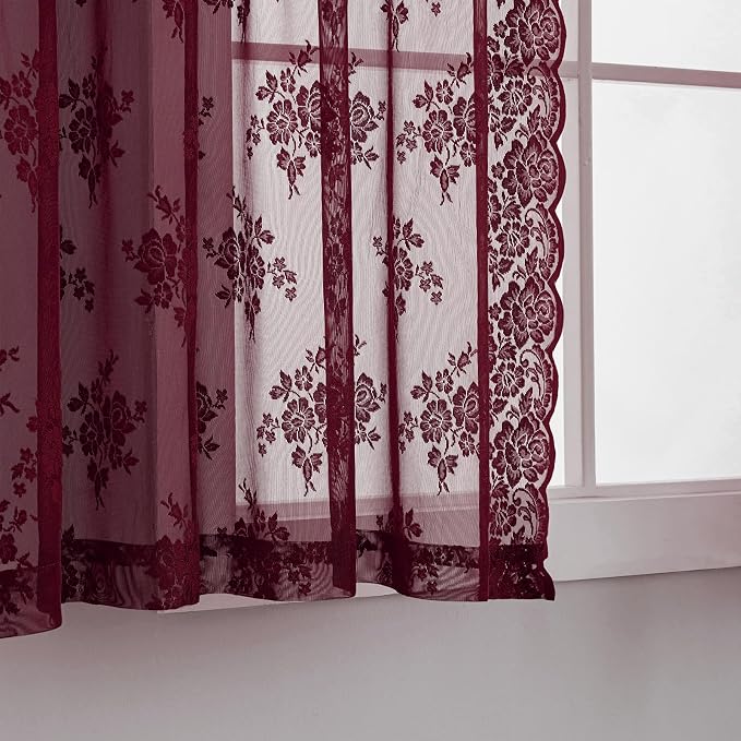 Kotile Short Burgundy Lace Curtains Rustic Floral W42 x L30 Inch, 2 Panels | - Image 4