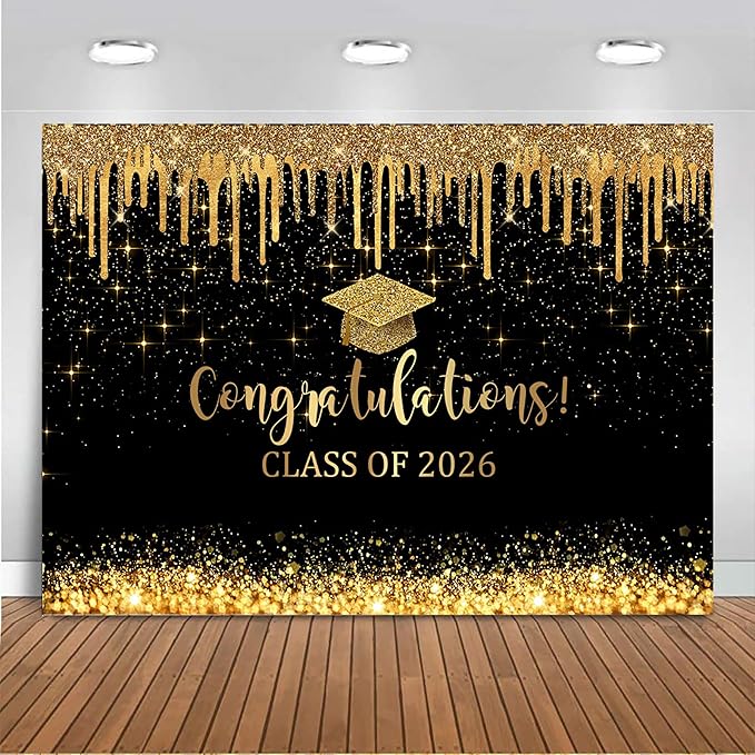 Mocsicka 8x6ft Graduation Backdrop 2026 Black and Gold Graduation Decorations by Mocsicka