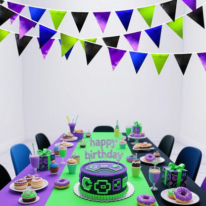 Video Game Party Decorations Black Blue Green Purple Metallic Fabric Triangle - Image 5