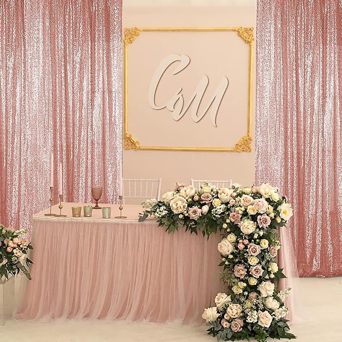 Sugargirl Rose Gold Sequin Backdrop Curtain 2 Panels 2FTx8FT Glitter Rose Gold - Image 3