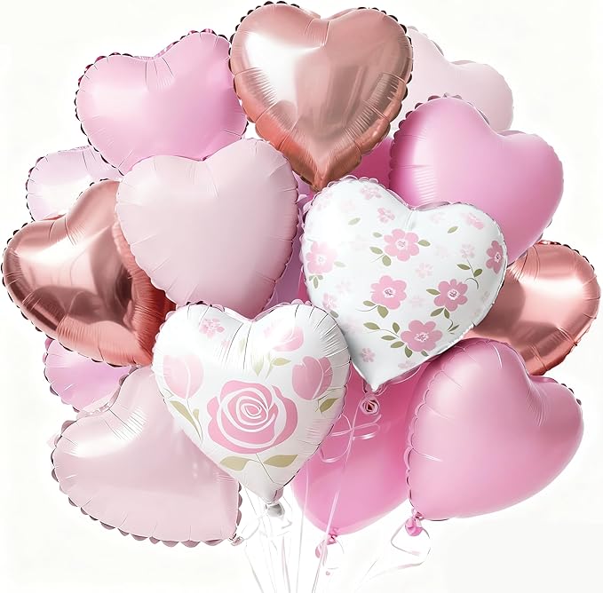 PartyWoo Pink White Rose White Gold Heart Foil Balloons 15pcs 18 Inch | Balloons by PartyWoo