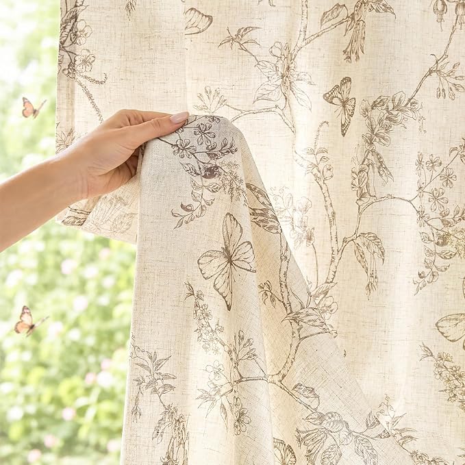 Taupe Floral Linen Curtains Farmhouse Rod Pocket 50W X 96L 2 Panels | Charlotte - Image 9
