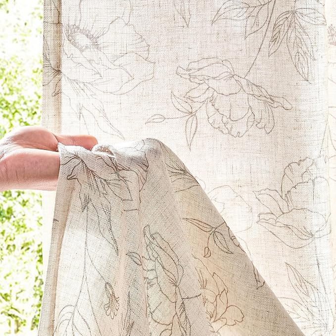 jinchan Linen Floral Curtains for Living Room 84 Inch Length Taupe Flower - Image 3