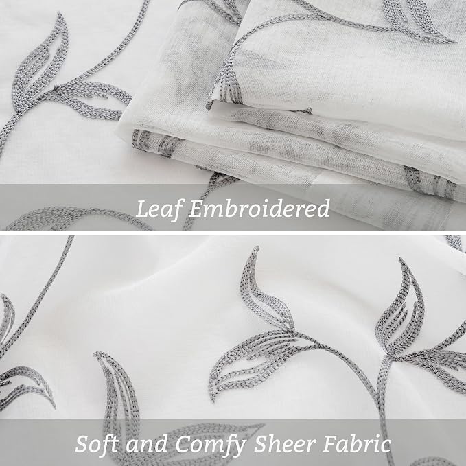 Sheer Curtains Boho Leaf Floral Embroidered Grey 54Wx72L | Light Filtering Semi - Image 5