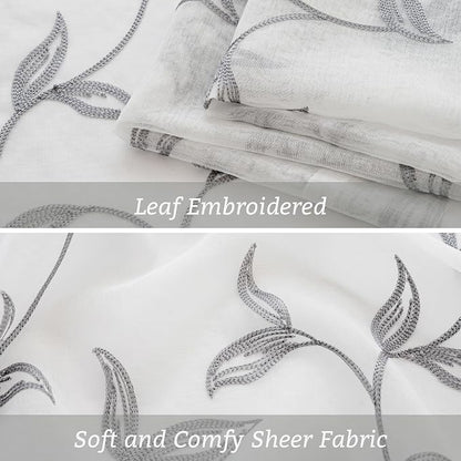 Sheer Curtains Boho Leaf Floral Embroidered Grey 54Wx72L | Light Filtering Semi - Image 5