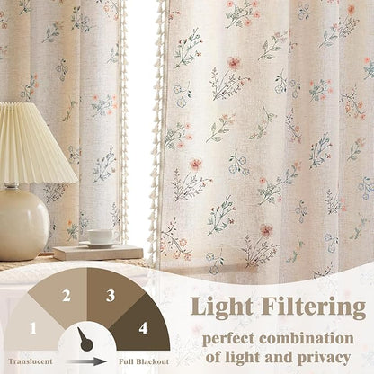 Boho Floral Light Filtering Curtains 63 Inch 2 Panels Linen Texture | Farmhouse - Image 3