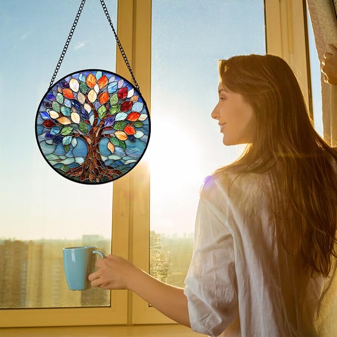 DASTOLL Stained Glass Window Hanging, Colorful Tree of Life Sun Catchers Glass - Image 3