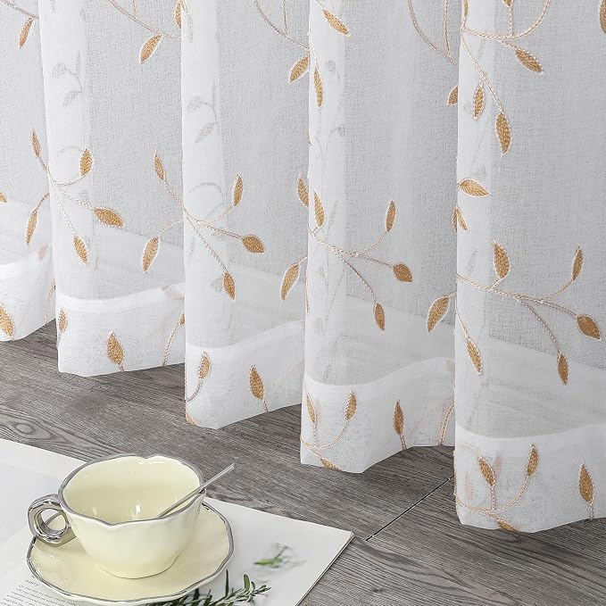 White Sheer Curtains Orange Leaf Embroidery Linen 96 Inches Long | Light - Image 3