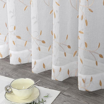 White Sheer Curtains Orange Leaf Embroidery Linen 96 Inches Long | Light - Image 7