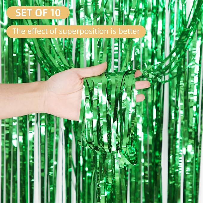 10 Pack Green Foil Curtain Backdrop 3.2ft x 9.8ft Metallic Tinsel Foil Fringe - Image 2