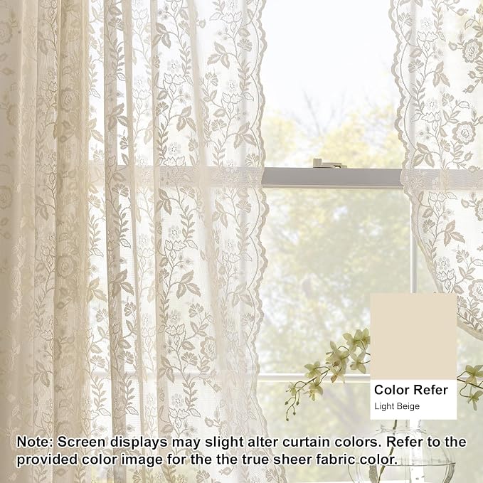 FINECITY Beige Lace Curtains for Bedroom Rustic Floral W52xL54 Inch 2-Panel | - Image 5
