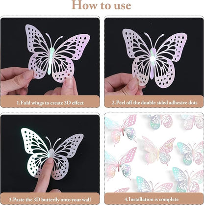 SAOROPEB 3D Butterfly Wall Decor 48 Pcs Laser Pink Butterfly Decorations | 4 - Image 7