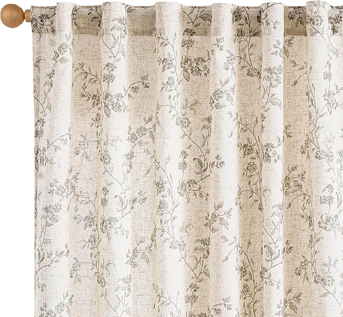 Grey Vintage Floral Linen Curtains Farmhouse 50W X 96L 2 Panels | Elisa Series by Lazzzy