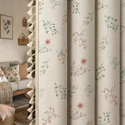 Boho Floral 100% Blackout Curtains 96 Inch 2 Panels Linen Texture | Farmhouse - Image 7