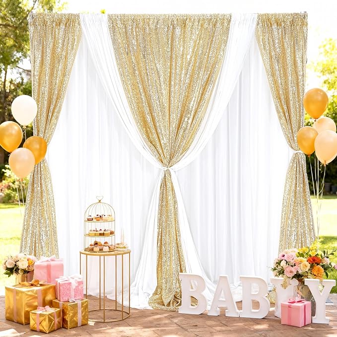 Light Gold Sequin Backdrop Curtains 4 Pcs 2ftx8ft Glitter Shimmer Fabric | - Image 7
