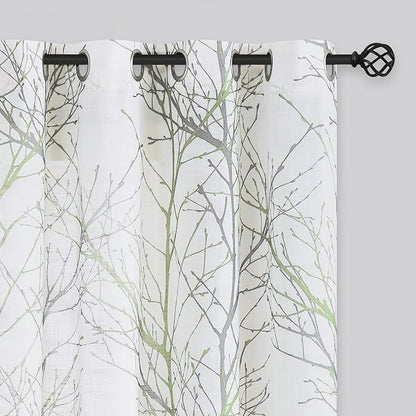 FMFUNCTEX Linen Sage Green White Semi Sheer Print Curtains 96 Inch 2 Panels | by Fmfunctex