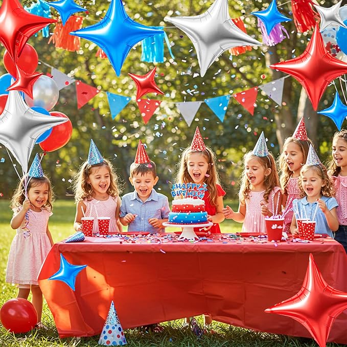 TONIFUL 30Pcs Four Pointed Star Balloon Blue Silver Red Foil Balloon | 26In & - Image 5