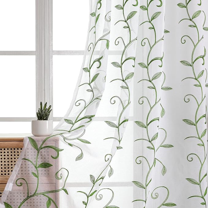 White Sheer Curtains Green Embroidered Leaves 2 Panels 54Wx108L | Light by VISIONTEX