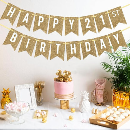Netnology Pre-Strung Gold Glitter 21st Happy Birthday Banner Decorations | 12 - Image 4