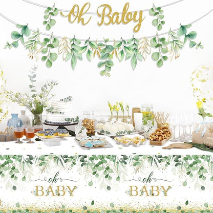 Greenery Baby Shower Banner Eucalyptus Leaves Oh Baby Tablecloth - Image 5