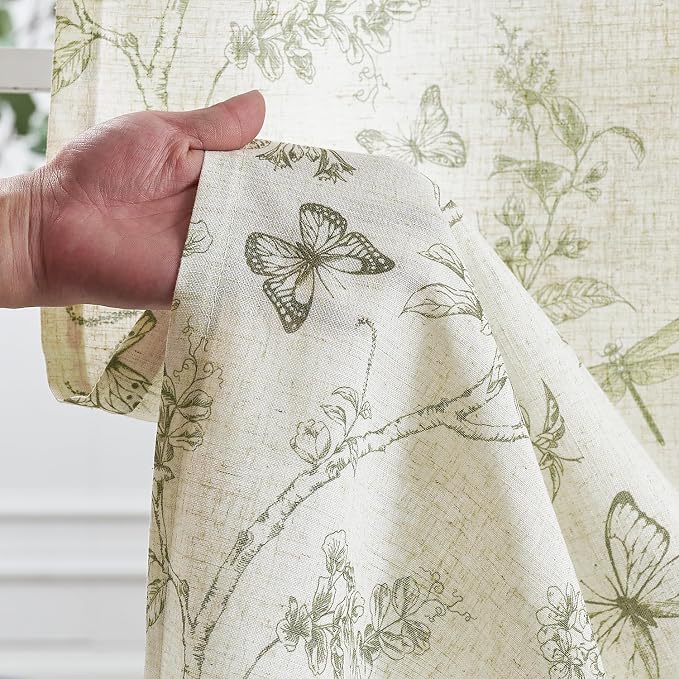Green Floral Linen Curtains Farmhouse Rod Pocket 50W X 96L 2 Panels | Charlotte - Image 4