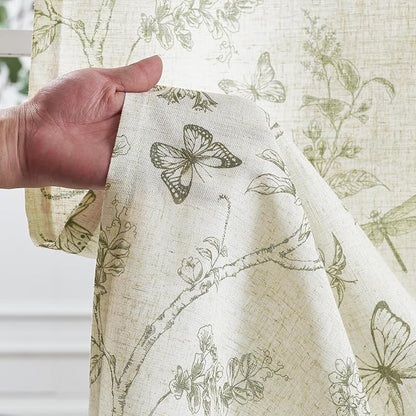 Green Floral Linen Curtains Farmhouse Rod Pocket 50W X 96L 2 Panels | Charlotte - Image 4