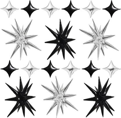 TONIFUL 18Pcs 22Inch Black Silver Large Explosion Star Mylar Balloons and by TONIFUL