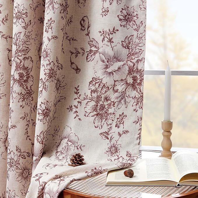 jinchan Red Floral Linen Blackout Curtains Lined 84 Inch Back Tab 2 Panels | - Image 3