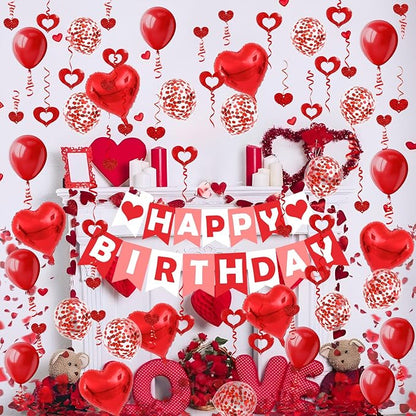 FECEDY Red Happy Birthday Banner Heart-Shaped Aluminum Foil Balloon Round Latex - Image 4