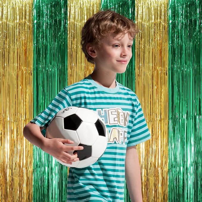 Voircoloria Green Gold Foil Fringe Backdrop Curtains, 3 Pack | Tinsel Streamers - Image 6