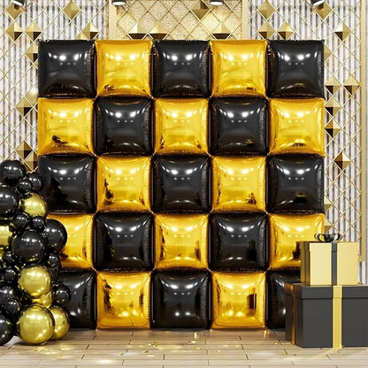 Metallic Gold and Black Double Sided Square Foil Balloons Wall, 19 Inches by FEYG