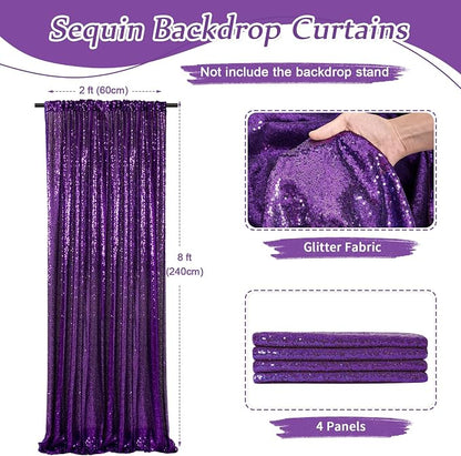 Purple Sequin Backdrop Curtain 4 Pcs 2ftx8ft Sparkly Glitter Wedding Party - Image 3