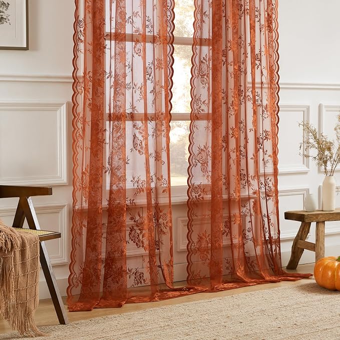Burnt Orange Lace Curtains 54 Inch Length 2 Panels Country Rustic Floral Sheer - Image 3