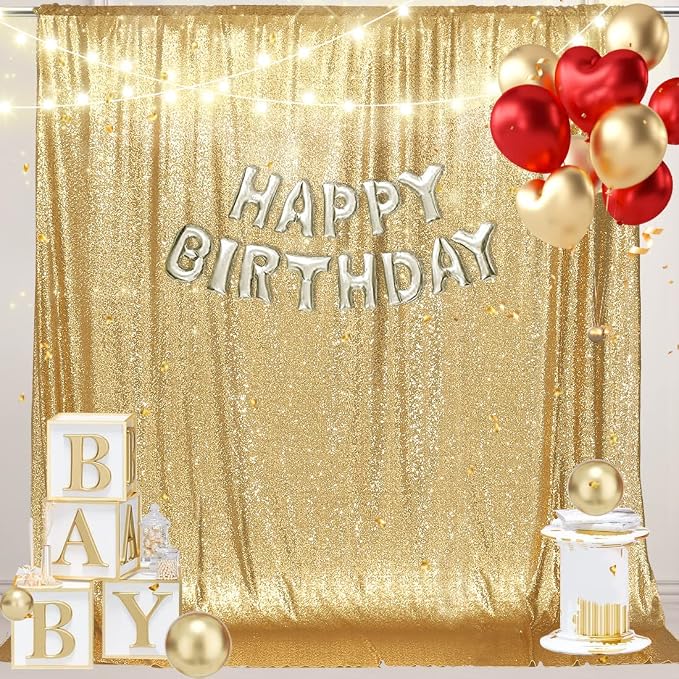 PartyDelight Gold Sequin Backdrop 6x7ft Sparkly Photo Curtain | 4 Inch Rod by PartyDelight