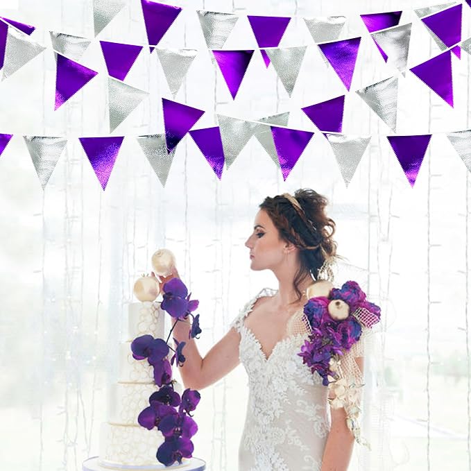 Purple and Silver Party Decorations Triangle Pennant Banner Flag Metallic - Image 6