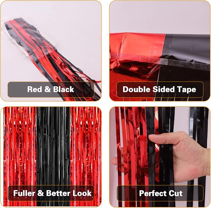 PIGETALE, 2 Pack 3.2x8.2 Feet Black and Red Foil Fringe Curtains Party - Image 4