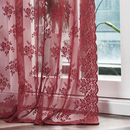 Kotile Burgundy Floral Sheer Curtains - Image 7
