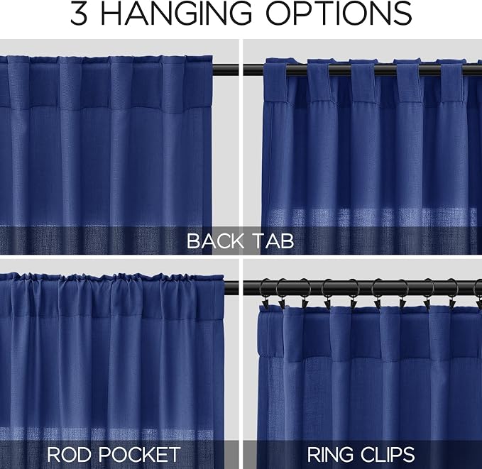 Classic Blue Linen Curtains Semi Sheer 96 Inches Long 2 Panels Set - Image 2