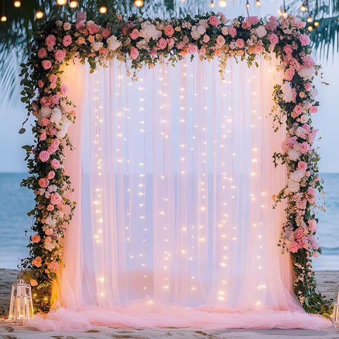 Tulle Backdrop Curtains with Lights Pink 10x10ft Sheer Curtain Backdrop | Tulle by Fomcet