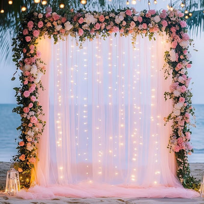 Tulle Backdrop Curtains with Lights Pink 10x10ft Sheer Curtain Backdrop | Tulle by Fomcet
