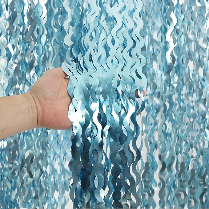 4 Pack Wavy Blue Foil Fringe Curtain 3.3x6.6 Feet | Blue Streamers Tinsel by KEEUH
