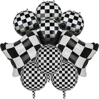 Black and White Checkered Balloons 9 Pcs 4D Checker Chequered Flag Balloon | by GGDE