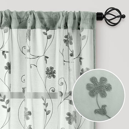 HOMEIDEAS Sage Green Sheer Curtains 84 Inches Long 2 Panels Embroidered Floral - Image 4