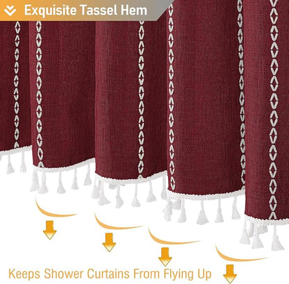 Burgundy Cream Boho Farmhouse Linen Heavy Duty Shower Curtain, 72x72 | 330GSM - Image 5