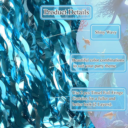 2 pcs Blue Wavy Tinsel Curtains, Under The Sea Party Decorations | Unique Shiny - Image 3