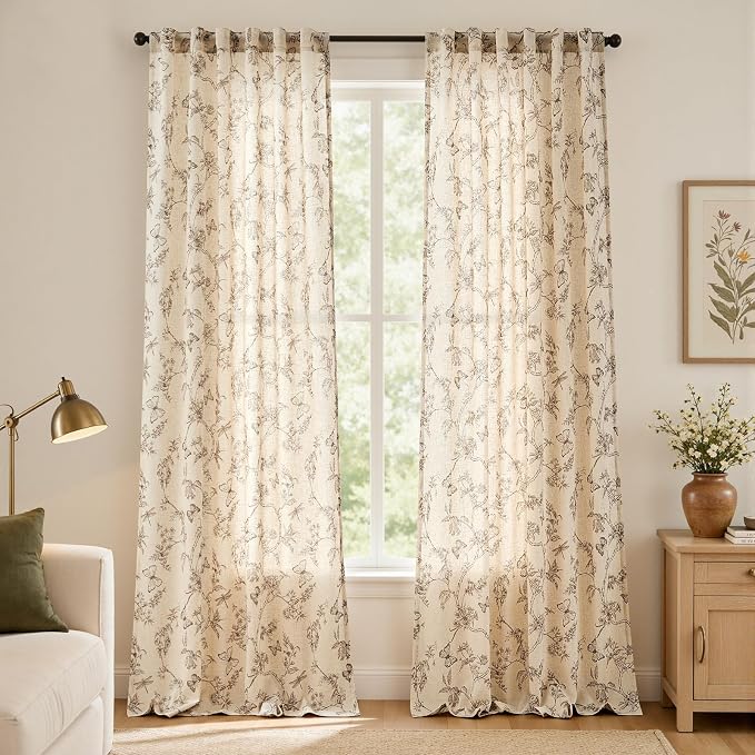 Taupe Floral Linen Curtains Farmhouse Rod Pocket 50W X 108L 2 Panels | - Image 2