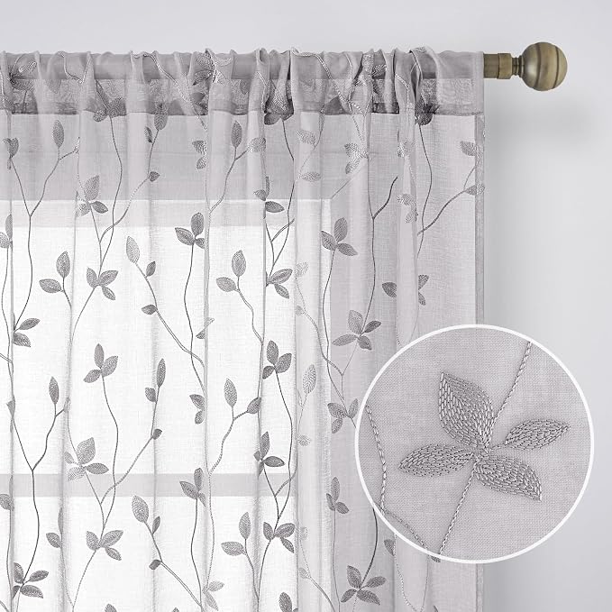 HOMEIDEAS Light Grey Sheer Curtains 2 Panels, Embroidered Vine Leaf, W52xL84 | - Image 4
