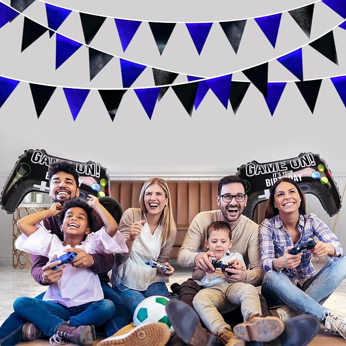 Royal Blue Black Party Decorations Navy Black Metallic Fabric Triangle Pennant - Image 5